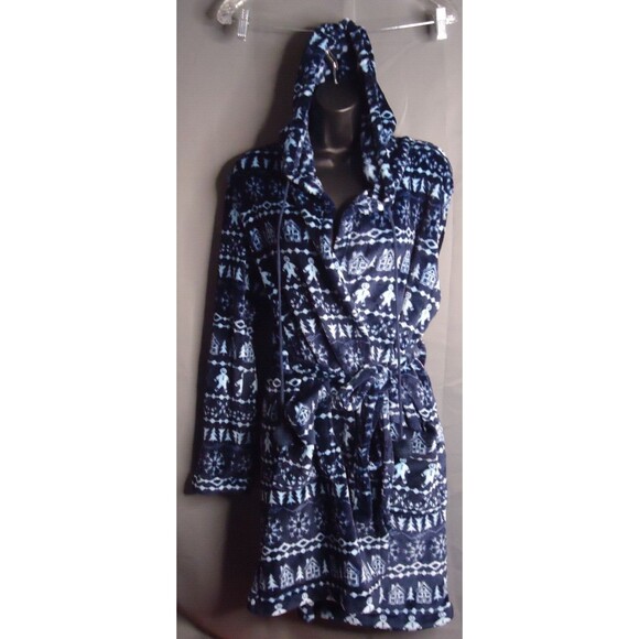Sleep Chic Holiday Gingerbread Hooded Robe W/Pockets Super Soft Sz Medium Navy - Picture 2 of 8